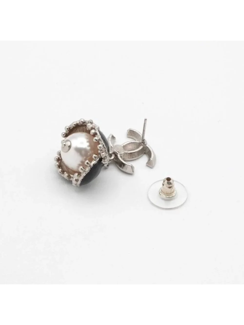 Chanel Earrings Silver Black Coco Mark Rhinestone Flower